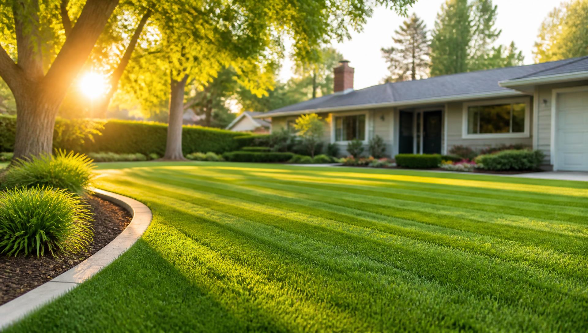 Freshly mowed and edged front lawn on a Central Valley home at golden hour